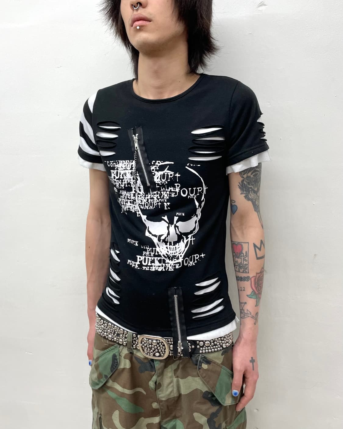 Skull Zipper Slit Punk T-Shirt  상품이미지4