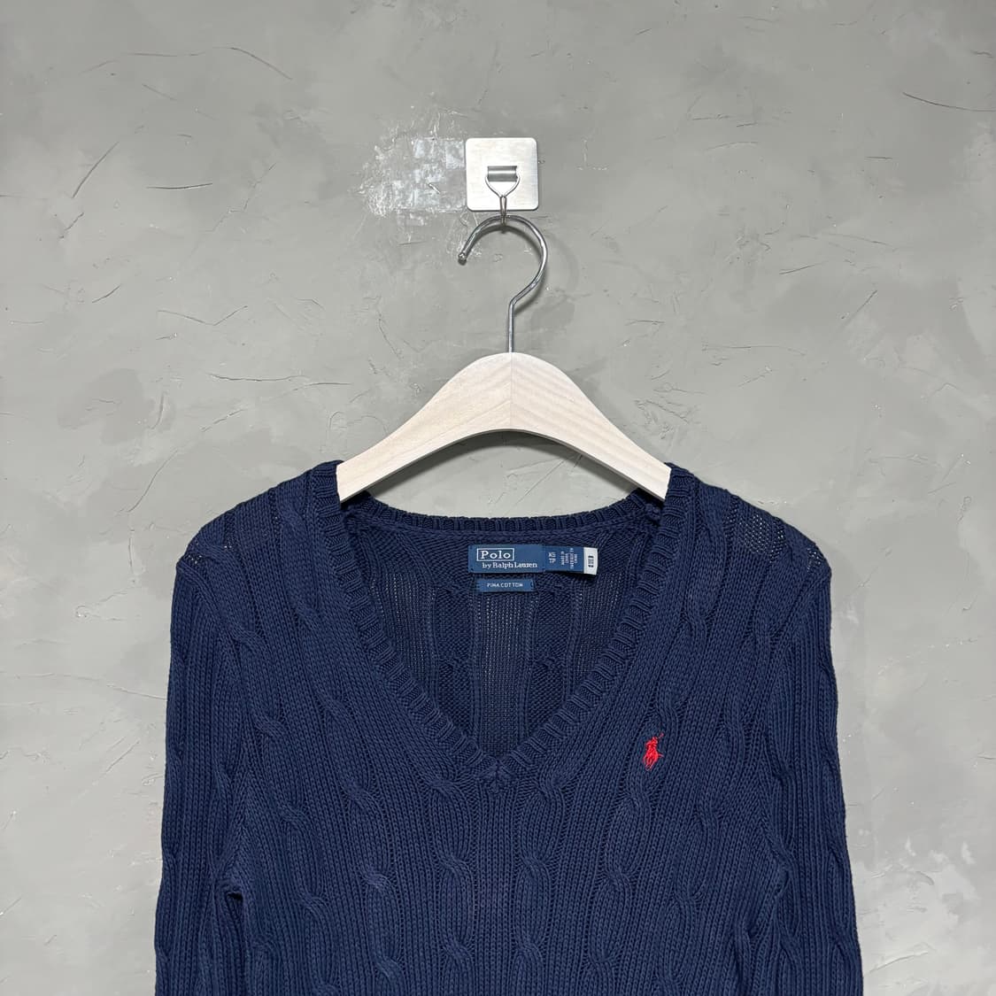 폴로 랄프로렌 피마코튼 꽈배기 브이넥 니트 네이비 상품이미지2