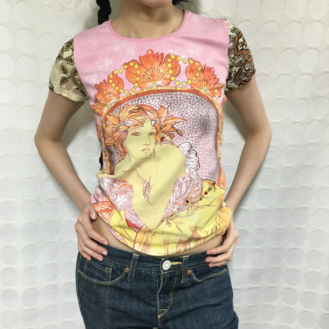 쿠스토 바르셀로나 레이스 패치워크 반팔 티셔츠 상품이미지1