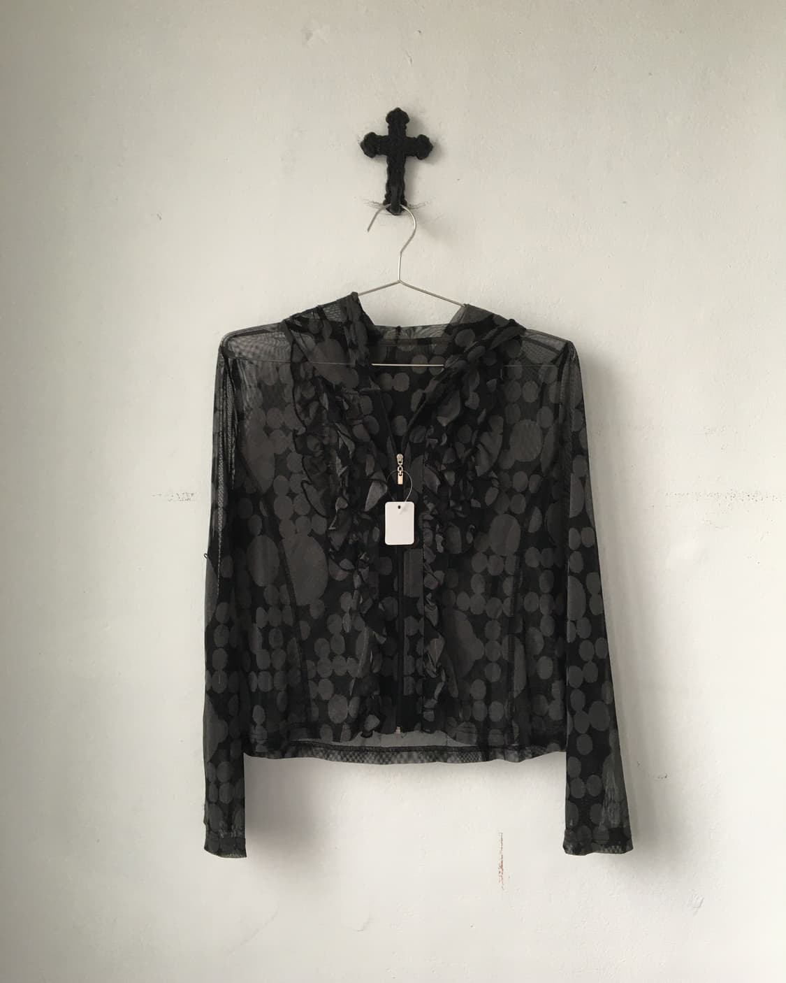 Dot pattern mixed frill hood mesh zip up 상품이미지1