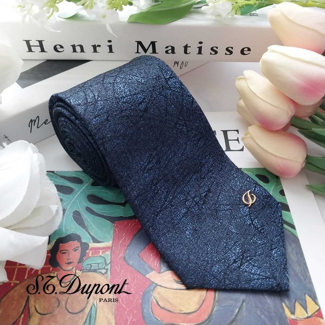 듀퐁 실크 네이비 텍스처 패턴 넥타이 8cm S~A+등급 K2463 상품이미지1