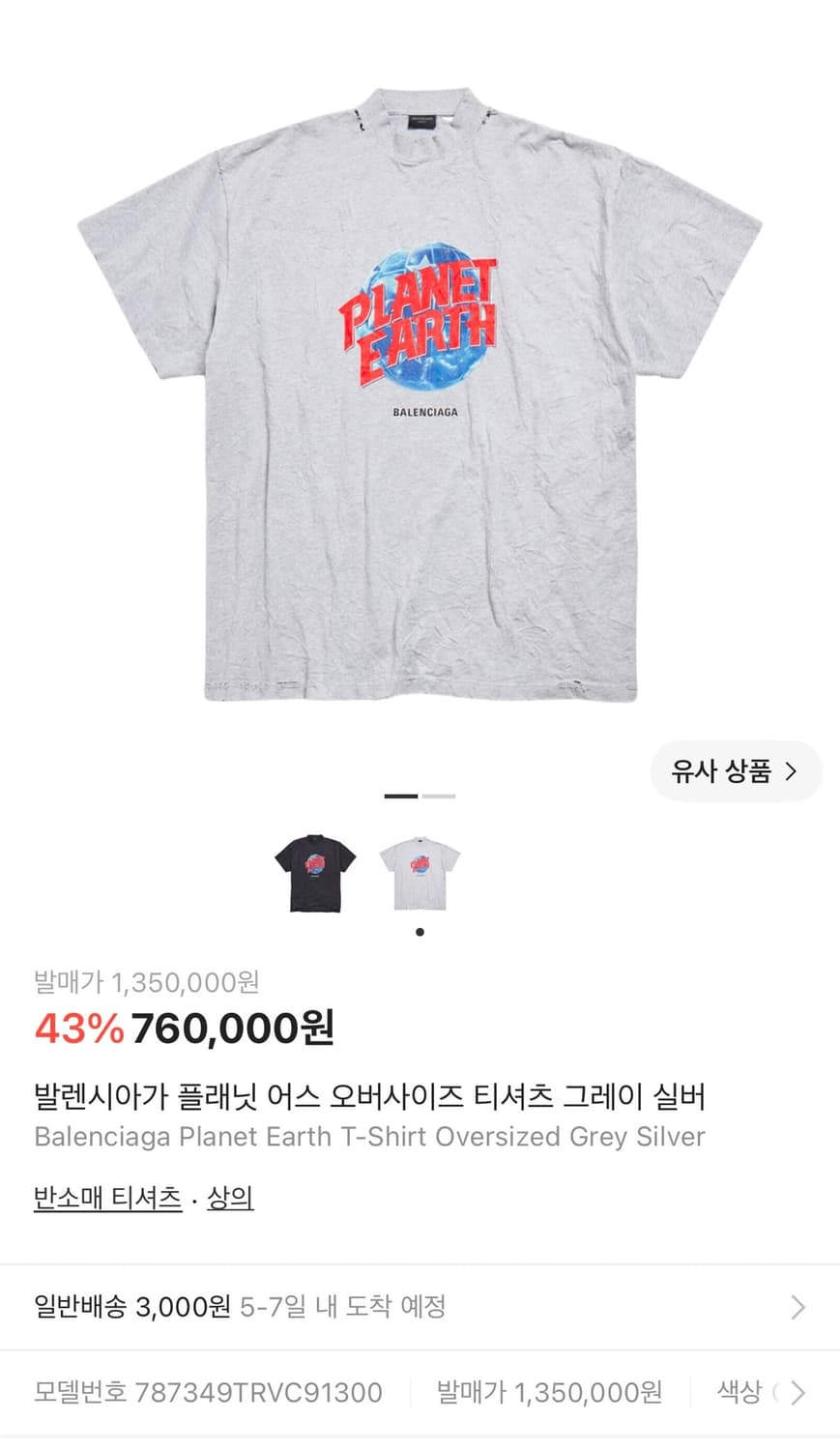 [5] 발렌시아가 플래닛 어스 오버사이즈 티셔츠 그레이 실버 상품이미지1