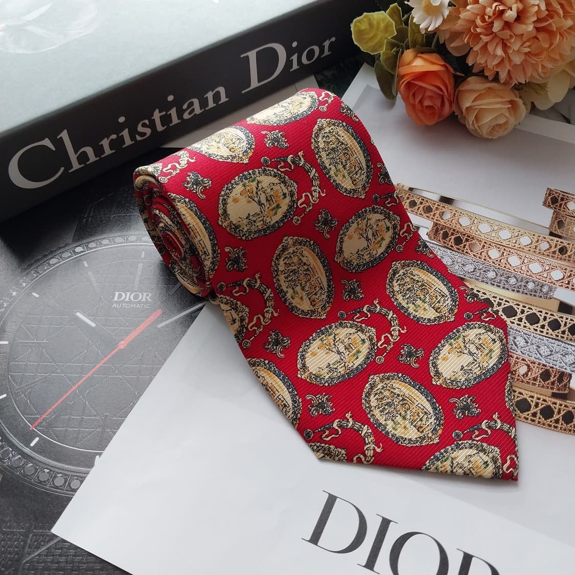 크리스찬 디올 넥타이 레드 오벌 아트 패턴 9.5cm A+등급 K2562 상품이미지4