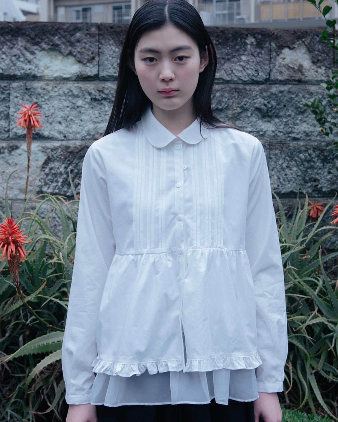 오헤시오 라운드 카라 프릴 핀턱 블라우스 셔츠 코이세이오 지초이 상품이미지1