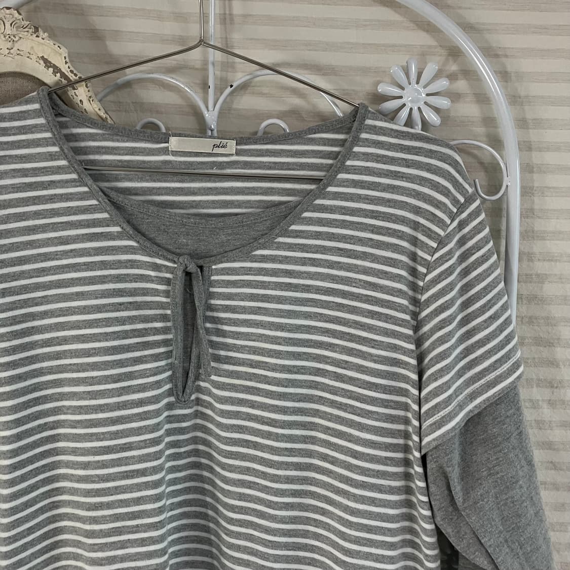 빈티지 그레이 리본 스트라이프 티셔츠 819 y2k 스트릿 모리 갸루 일 상품이미지3