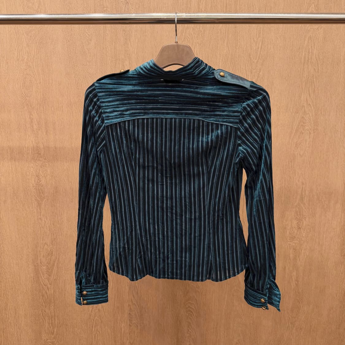 빈티지 하이넥 스트라이프 자켓 벨벳 어깨 견장 디테일 레귤러핏 그린 상품이미지3