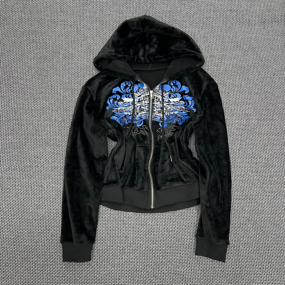 착샷O 빈티지 펑크 큐빅 레터링 벨벳 후드집업 상품이미지1