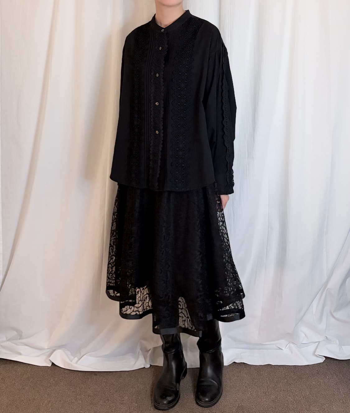 Lace Flare Midi Skirt – Black 상품이미지2