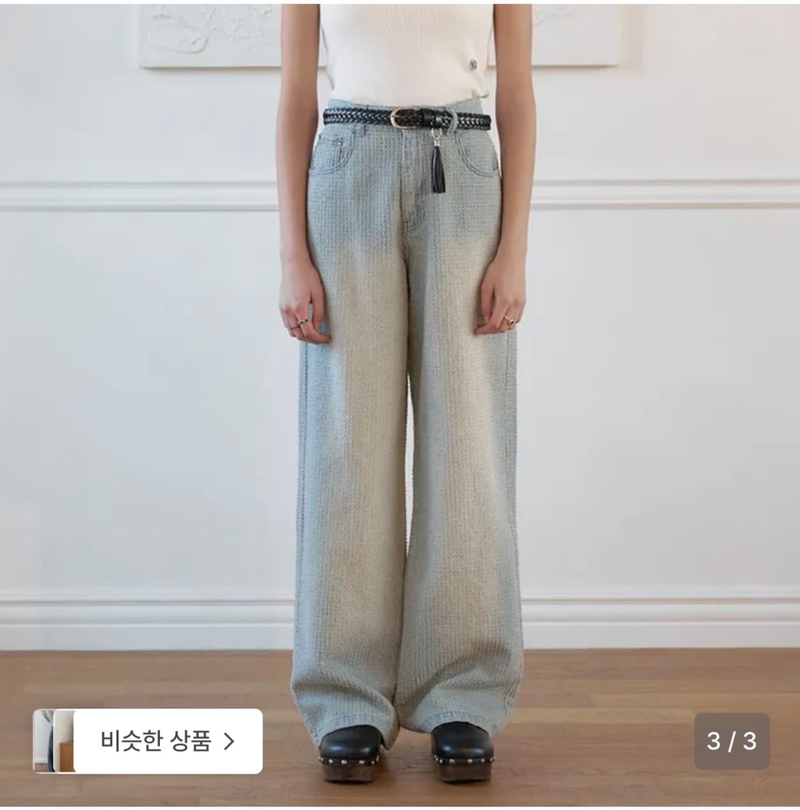 노이어 포 우먼 데미지 스트라이프 와이드 데님 팬츠 (라이트블루) 상품이미지1