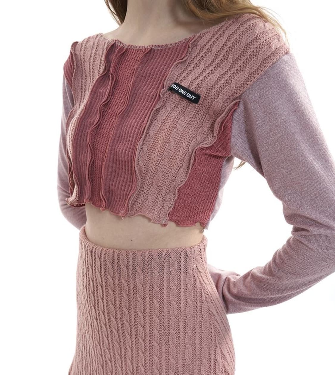 오드원아웃 패치워크 니트 크롭 핑크 y2k 빈티지 긴팔 티셔츠 보헤미안 상품이미지1
