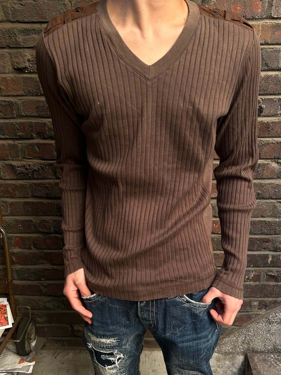 2000s JPN 그런지 브라운 스트라이프 롱슬리브  상품이미지1