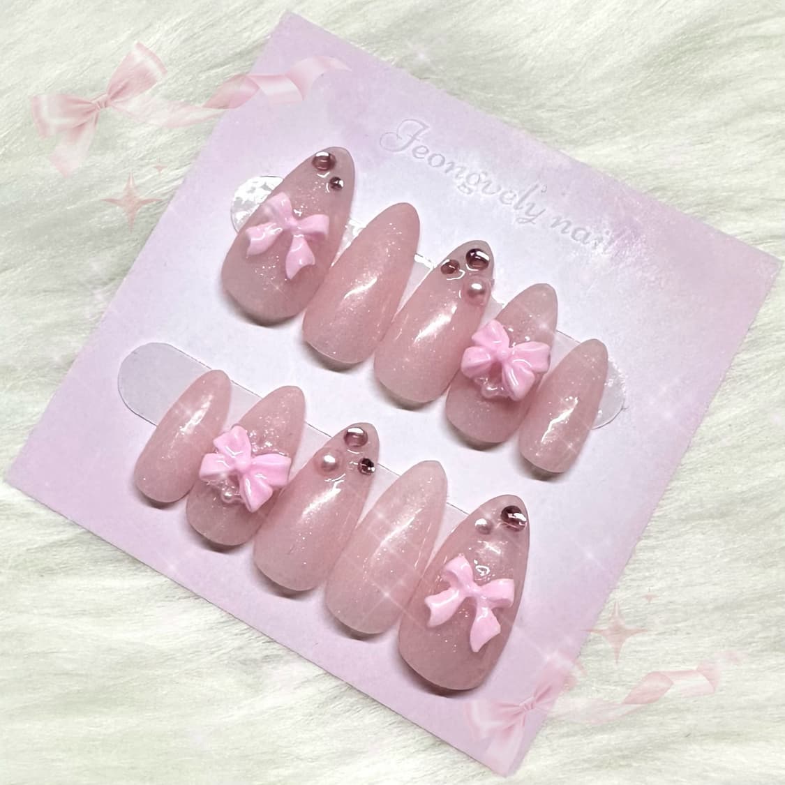 큐빅진주🎀 베이비핑크 수제네일팁 발레코어 리본 공주 네일 상품이미지1