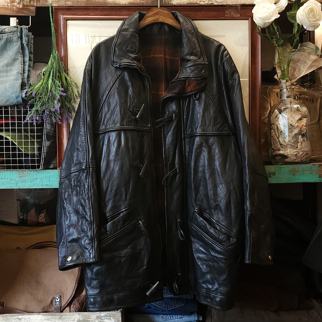90s 프렌치 레더자켓 풀그레인 소가죽 더플코트 빈티지 가죽자켓 m 상품이미지1