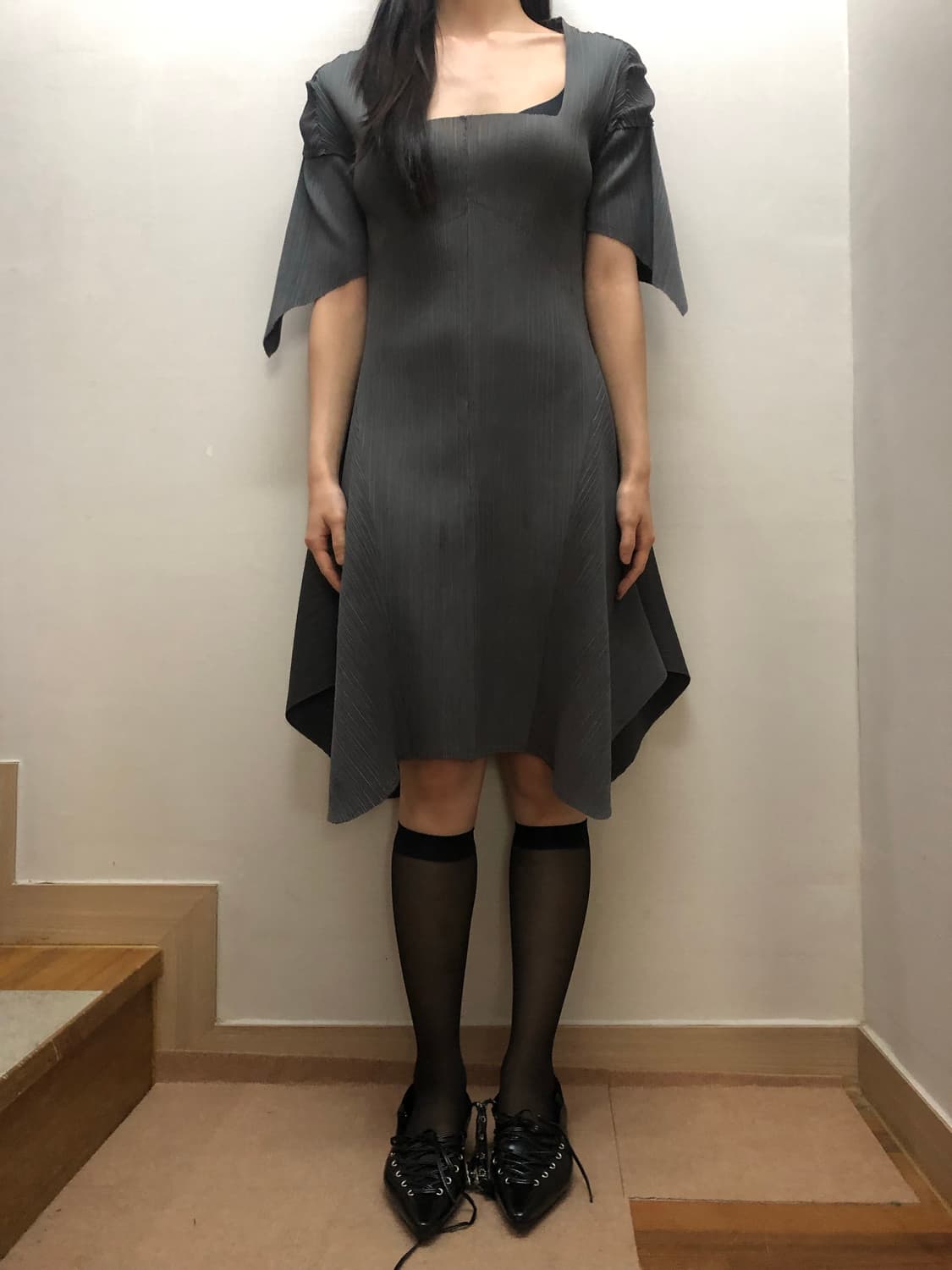 빈티지 그레이 플리츠 원피스 상품이미지2
