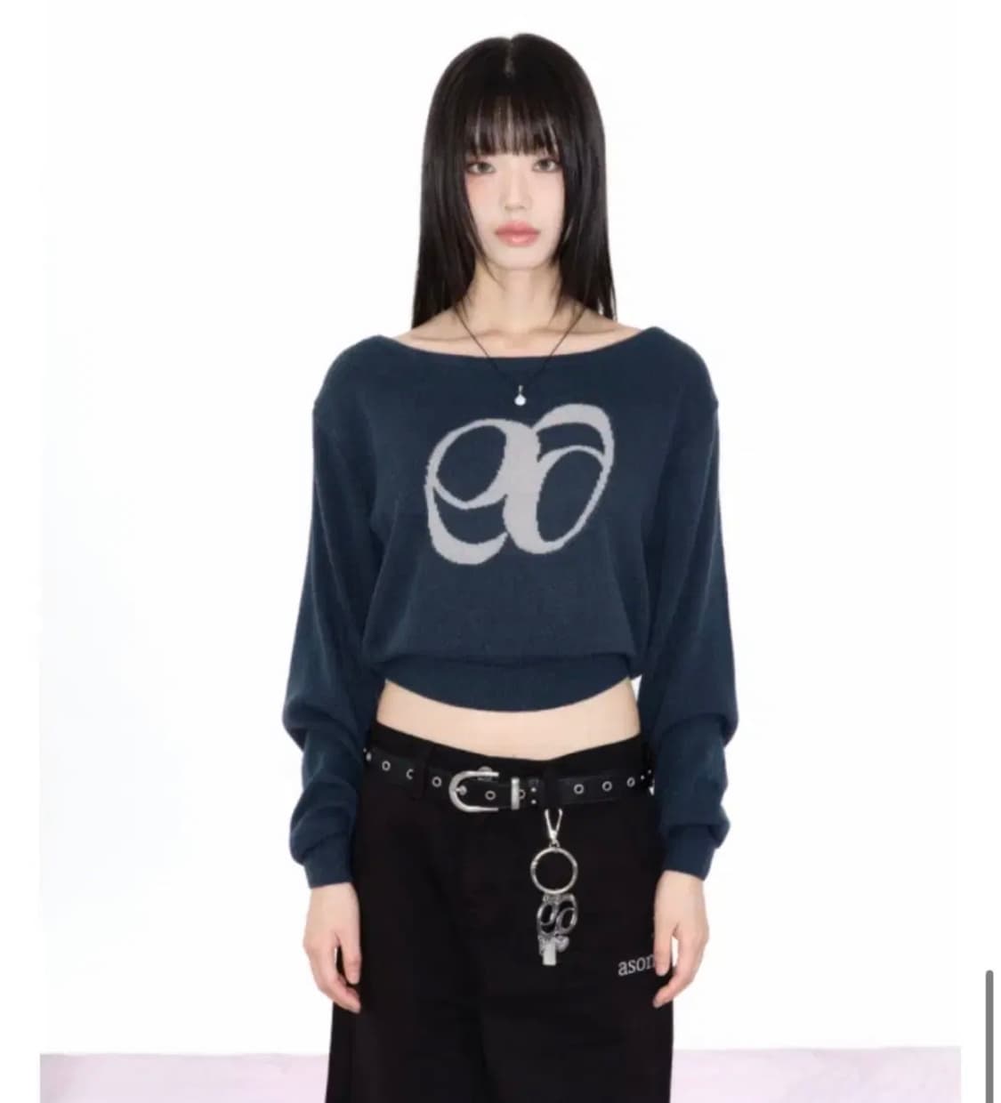 애즈온 보트넥 니트 블루 그린 상품이미지1