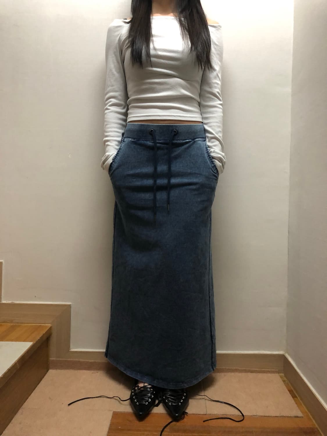 빈티지 데님 프린팅 코튼 롱 스커트 상품이미지7