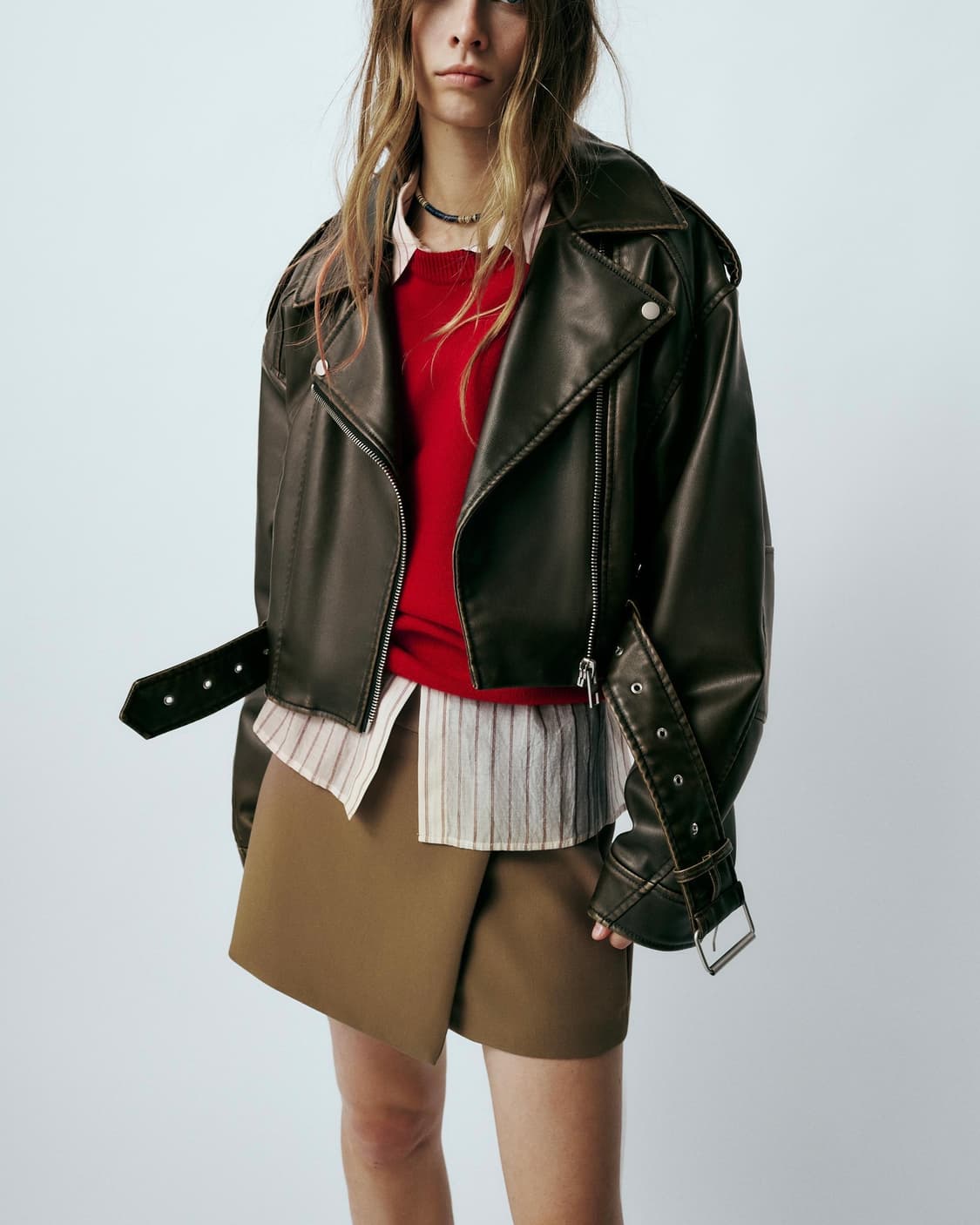 자라 레더 가죽 브라운 갈색 워시드 바이커 라이더 자켓 L 100 펑크 상품이미지2