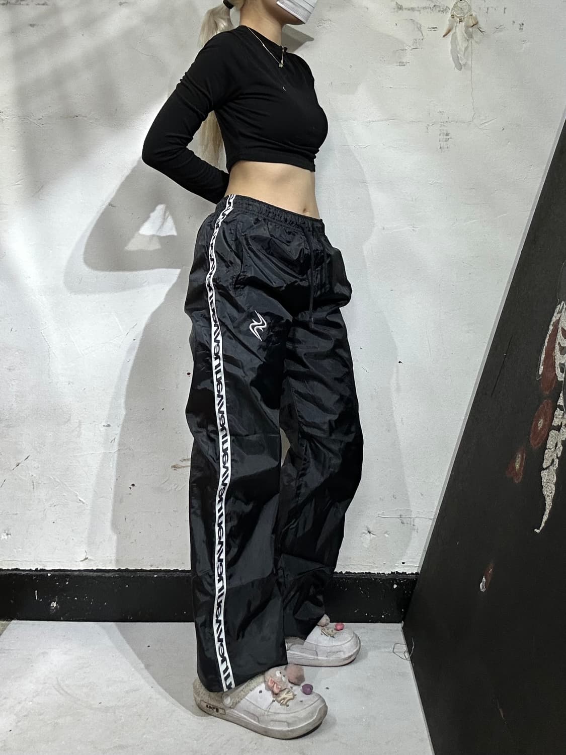 90s 일본 빈티지 블랙 와이드 사이드 라인 트랙 트레이닝 팬츠 M  상품이미지1