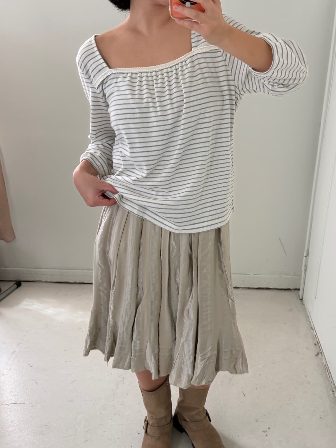 일본빈티지 레이스 스퀘어넥 7부 티셔츠 상품이미지3