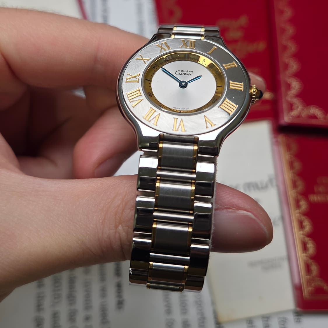 빈티지 까르띠에 머스트드 21C 콤비 31mm 남녀공용 블루핸즈 쿼츠  상품이미지4