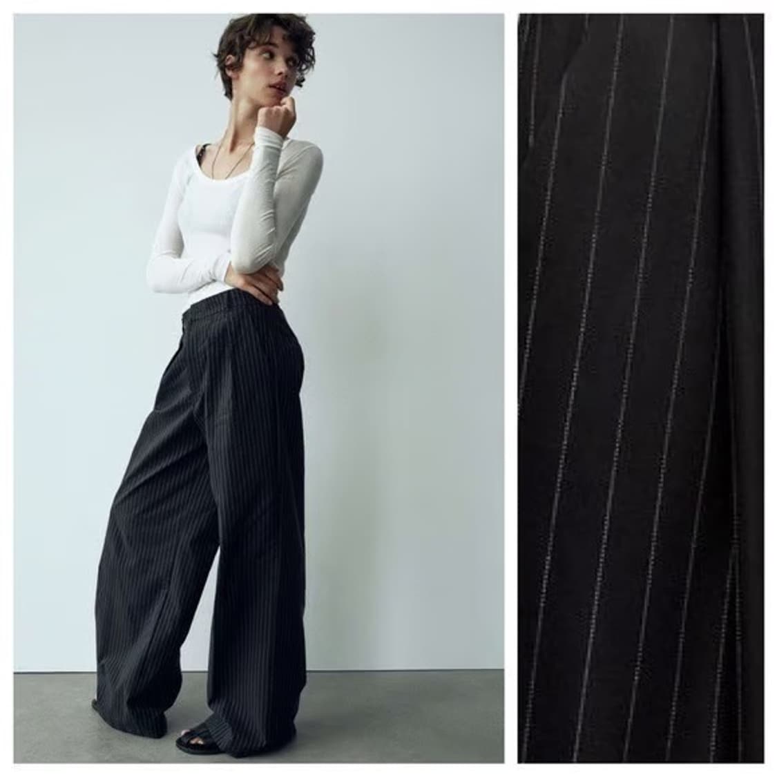 (택O) ZARA 비스코스 블렌디드 스트라이프 슬랙스 (블랙) 상품이미지2