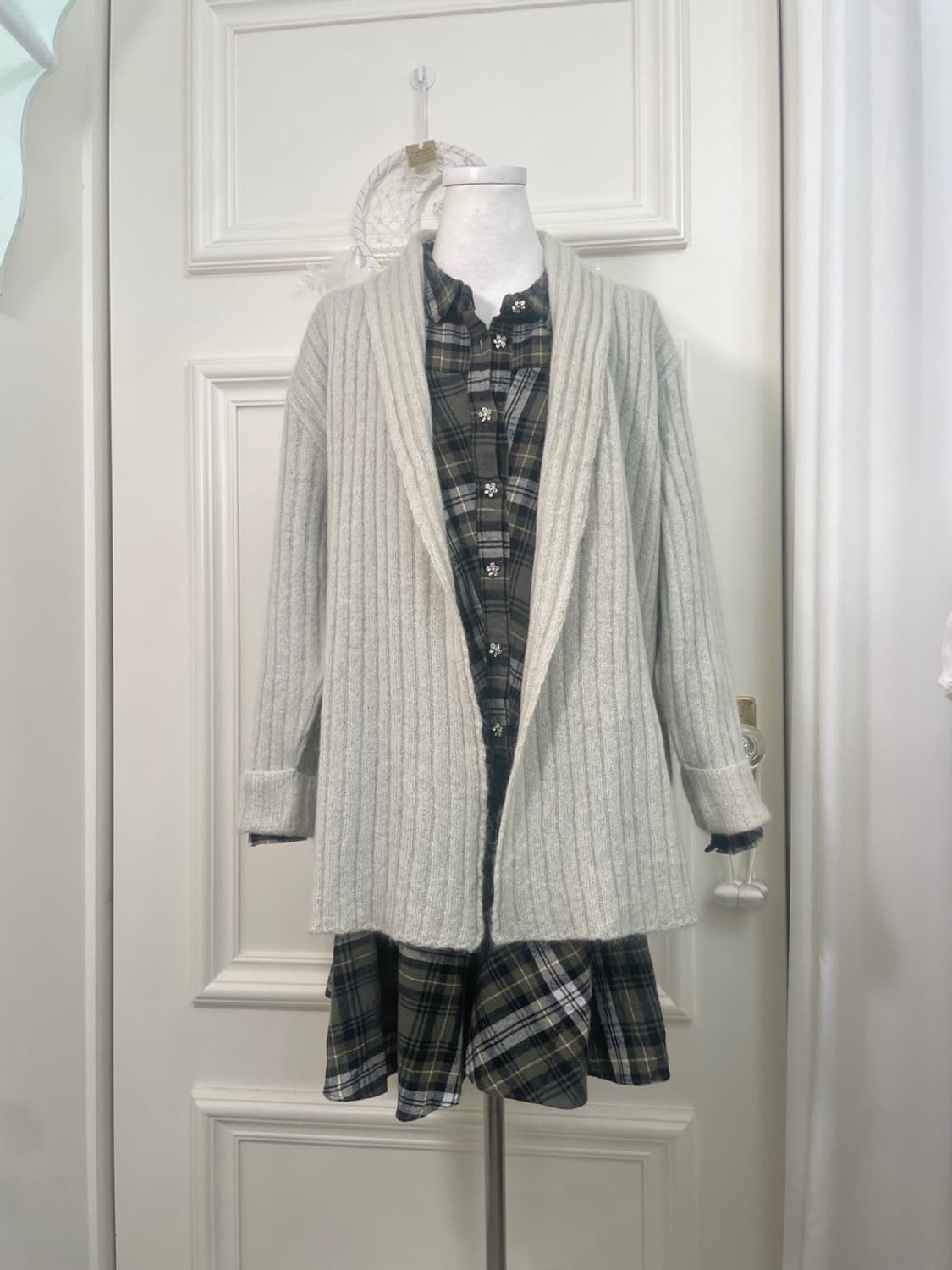 sheer green open rib cardigan&khaki chec 상품이미지9