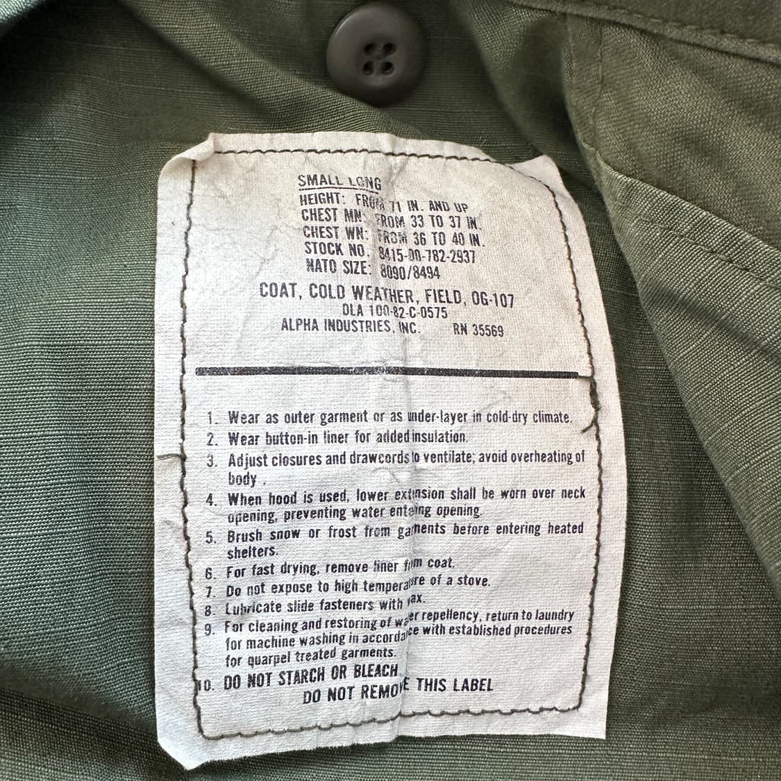 80s 미군 오리지널 M65 필드자켓 알파 OG-107 스몰-롱  상품이미지5