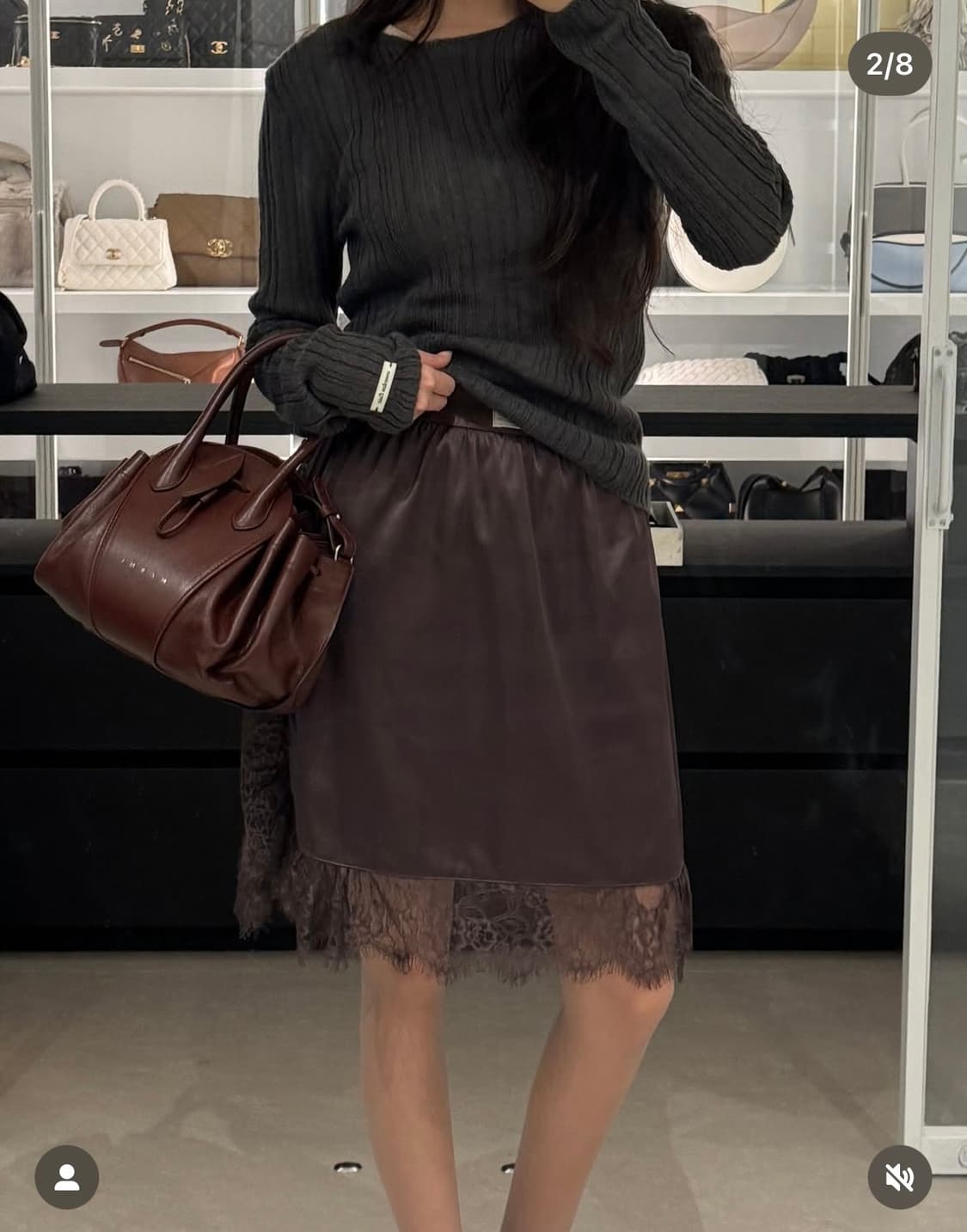 마르디메르크디 새틴 브라운 레이스 스커트 새상품 상품이미지3