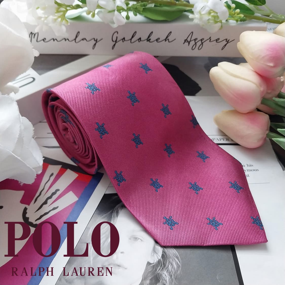 폴로 랄프로렌 핑크 거북이 자수 넥타이 9.3cm A+등급 K2513 상품이미지2