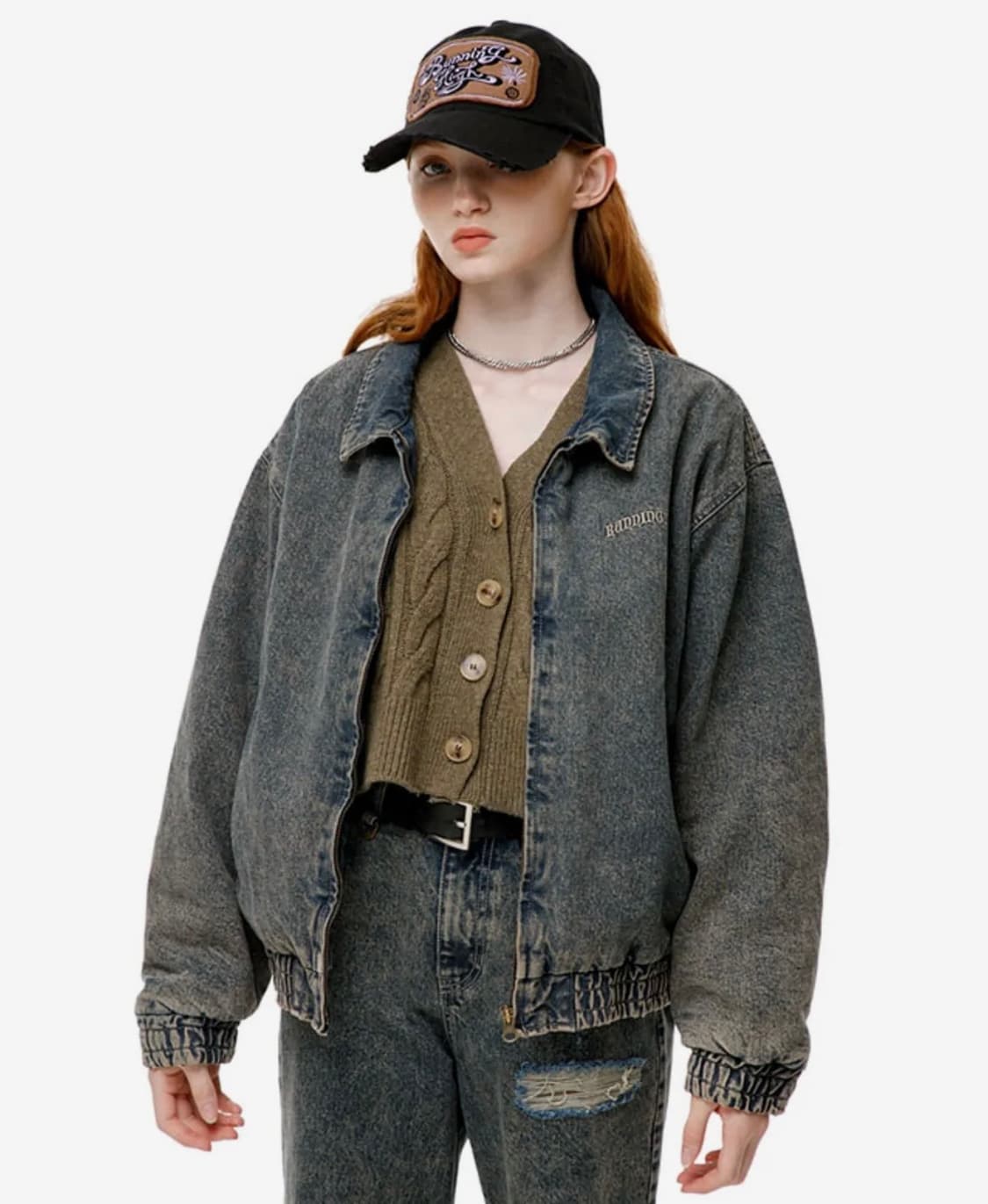 정가 19만원 러닝하이 바시티 로고 워시드 데님 점퍼 베이지 상품이미지5