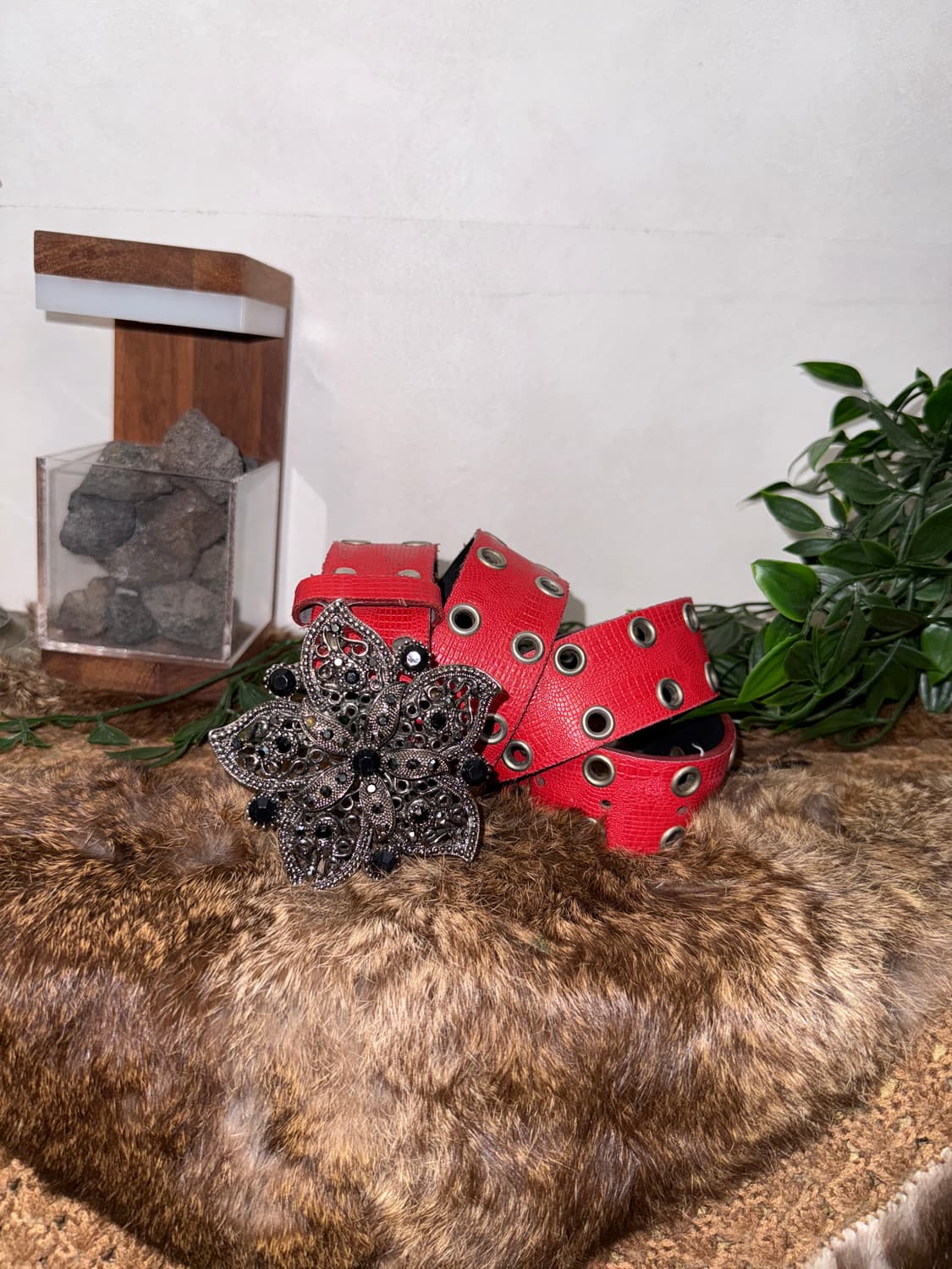 Red oriental flower cubic buckle belt 상품이미지1