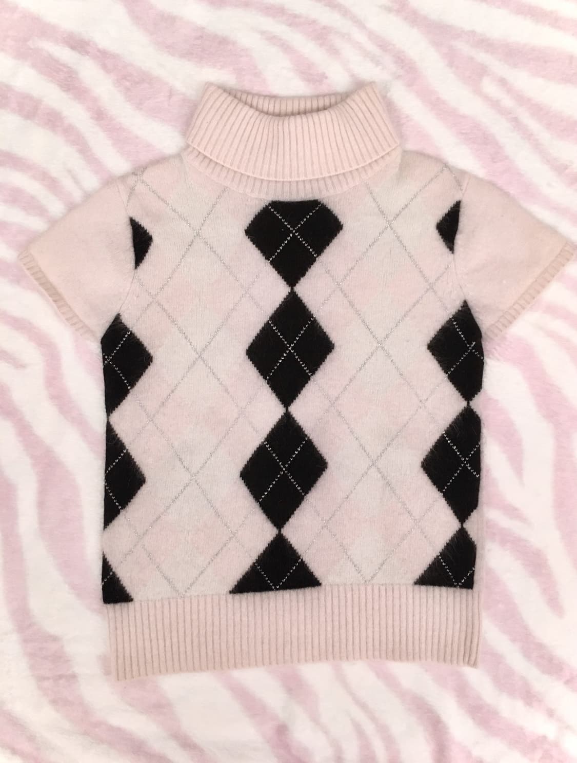 페일핑크 블랙아가일 앙고라 반팔 니트 탑 히메갸루 로걀탑 상품이미지2