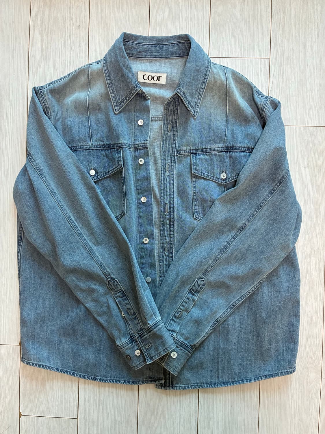 쿠어 데님 더블 포켓 셔츠 워시드블루 M사이즈 상품이미지1