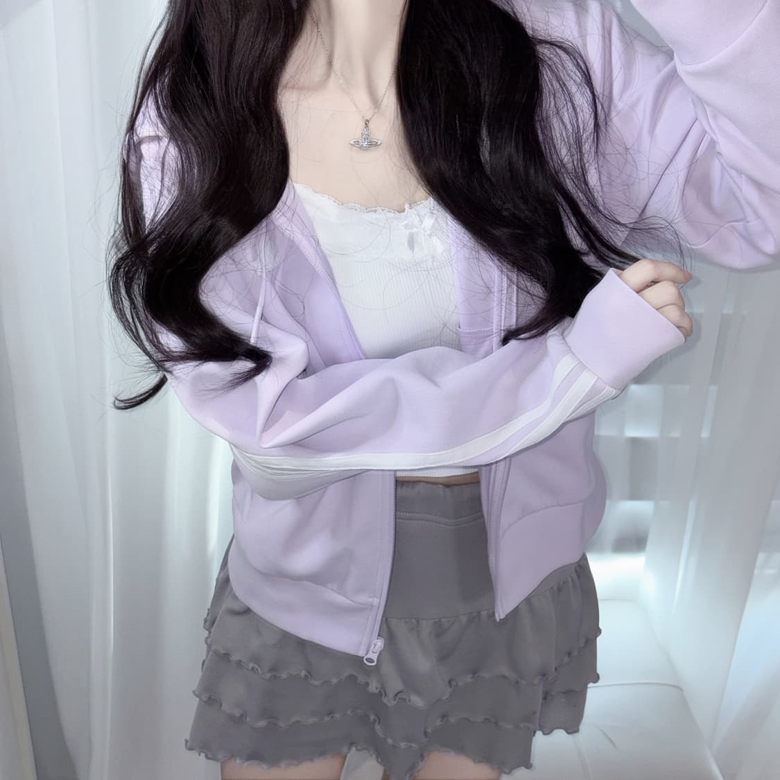 아디다스 퍼플 연보라 아방핏 삼선 반크롭 후드집업 s 상품이미지2