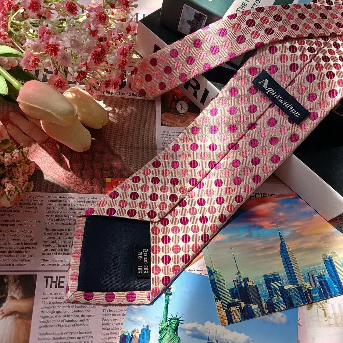 아쿠아스큐텀 실크 핑크 도트 패턴 넥타이 9.2cm S~A+등급 E916 상품이미지5