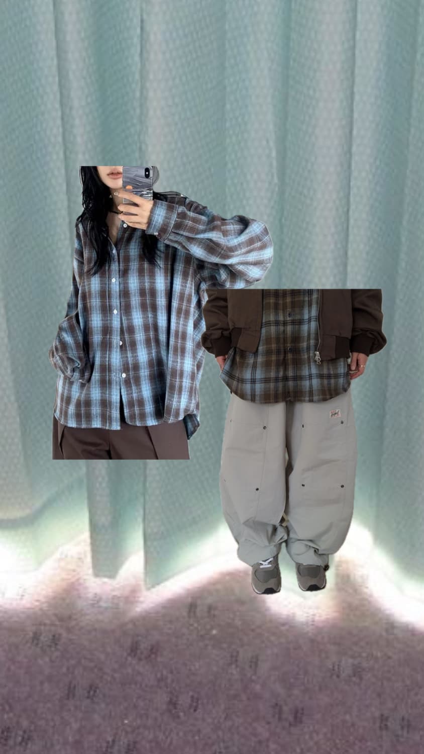 민초 셋업 코디 체크셔츠 그레이나일론팬츠 상품이미지1