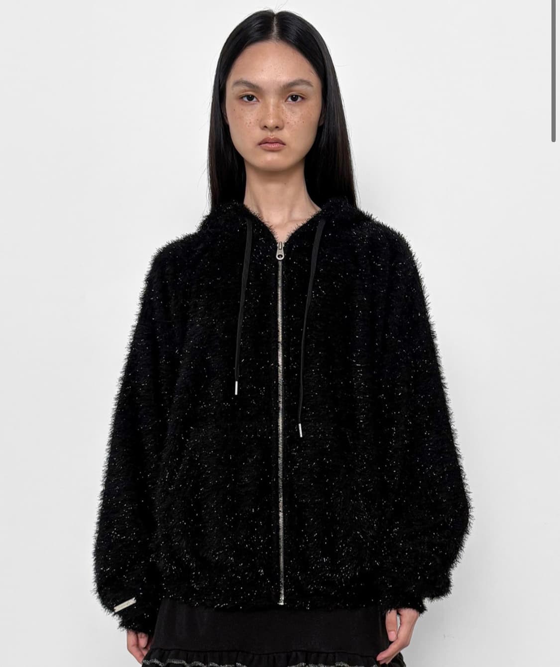 GLITTER FURRY ZIP-UP HOODIE, BLACK 상품이미지1