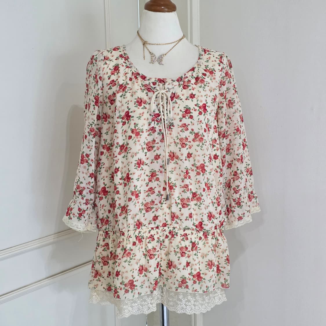 colza 일본빈티지)플로럴 로즈 스즈코모리걸 레이스 로맨틱코르셋블라우스 상품이미지2
