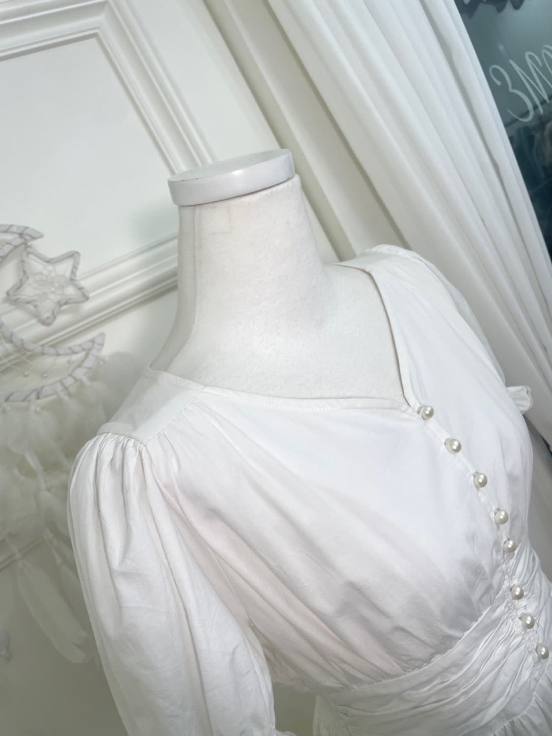 white waist shirring pearl button cotton 상품이미지8