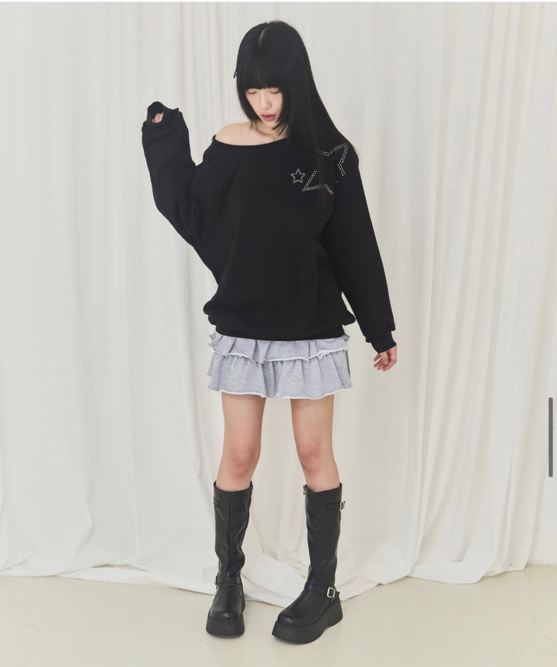 [알키아카] 스타 오픈숄더 맨투맨 (Black/OS) 상품이미지4