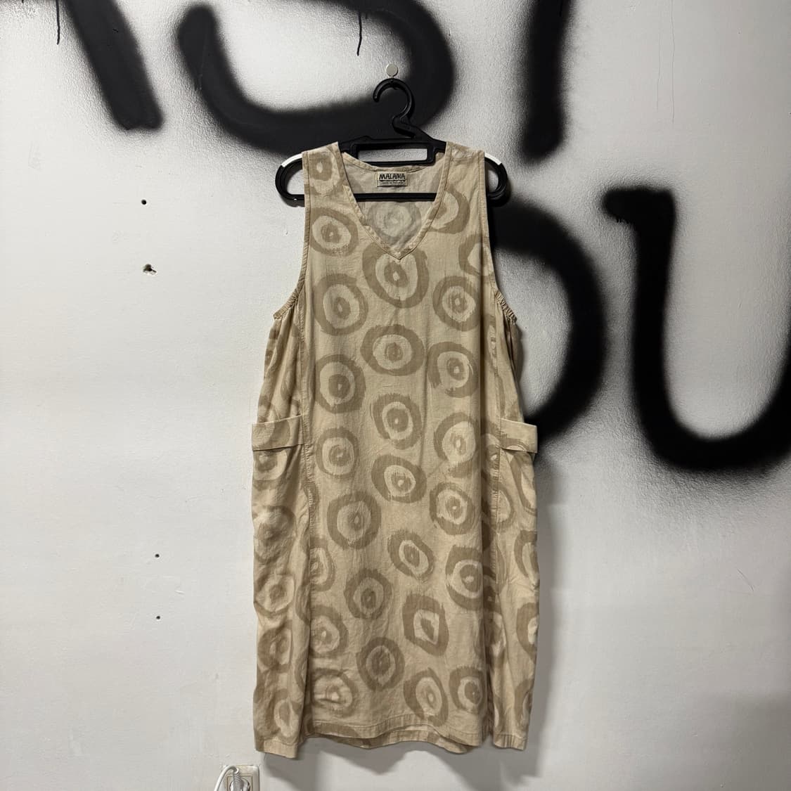 VTG 빈티지 보헤미안 에스닉 베이지 린넨 빅 포켓 롱 원피스 상품이미지1