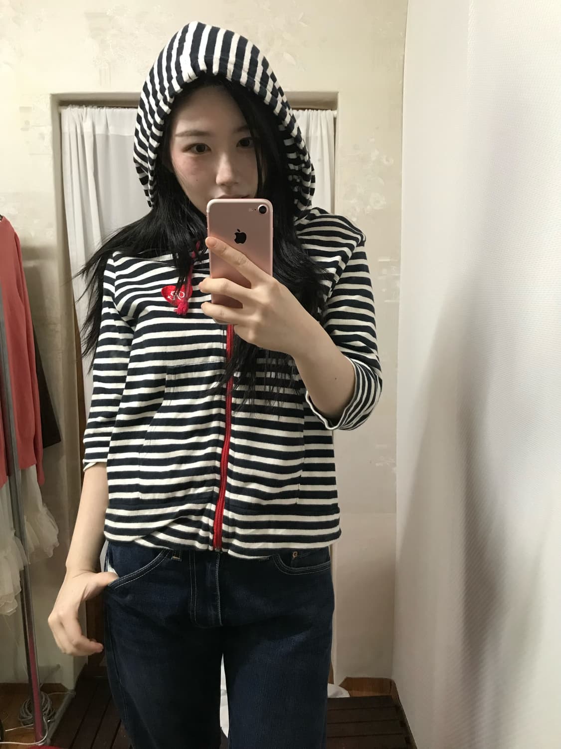 vintage stripe heart patch hood zipup 상품이미지4