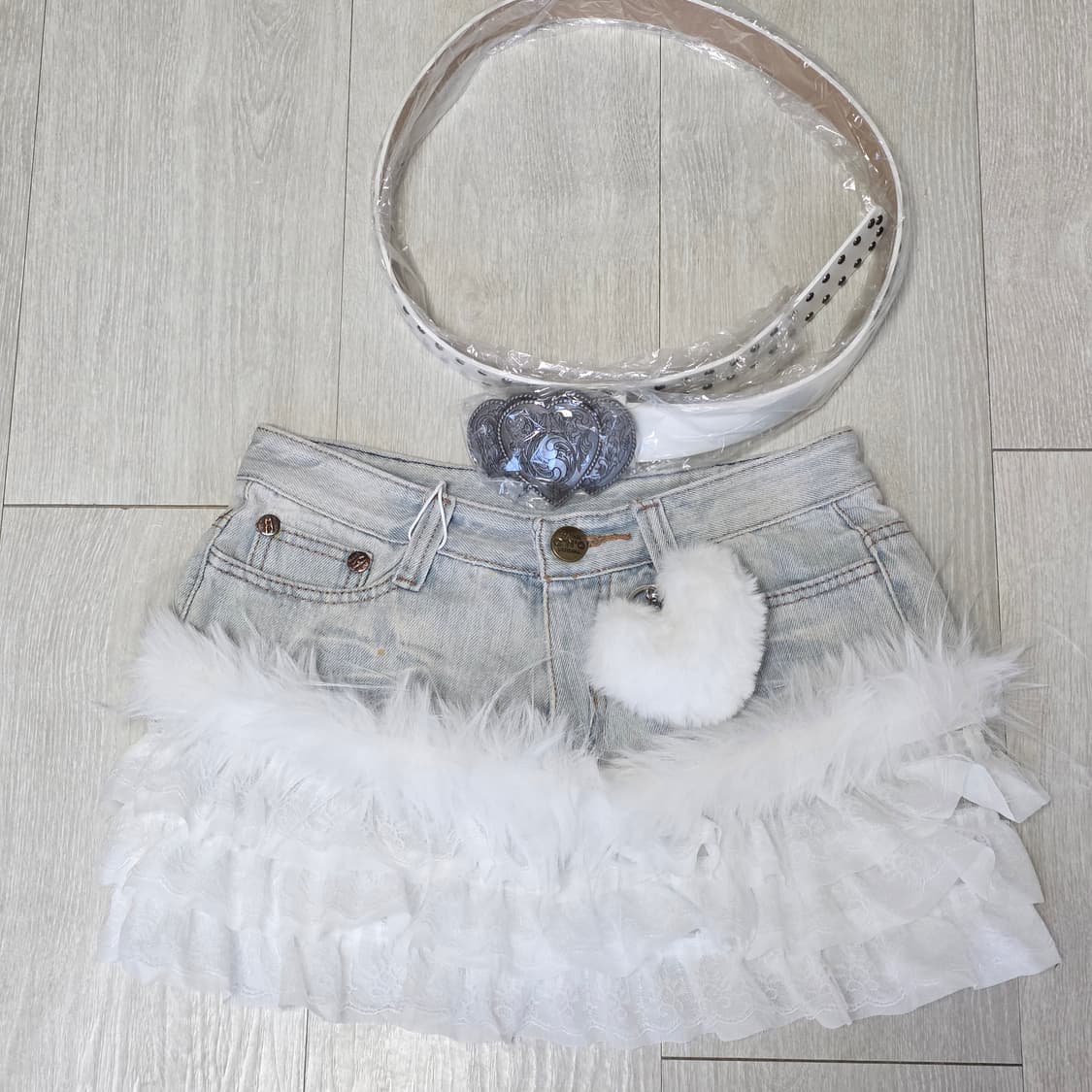 새상품) y2k 일본 갸루걸 레이스 퍼 데님 스커트 세트 상품이미지2