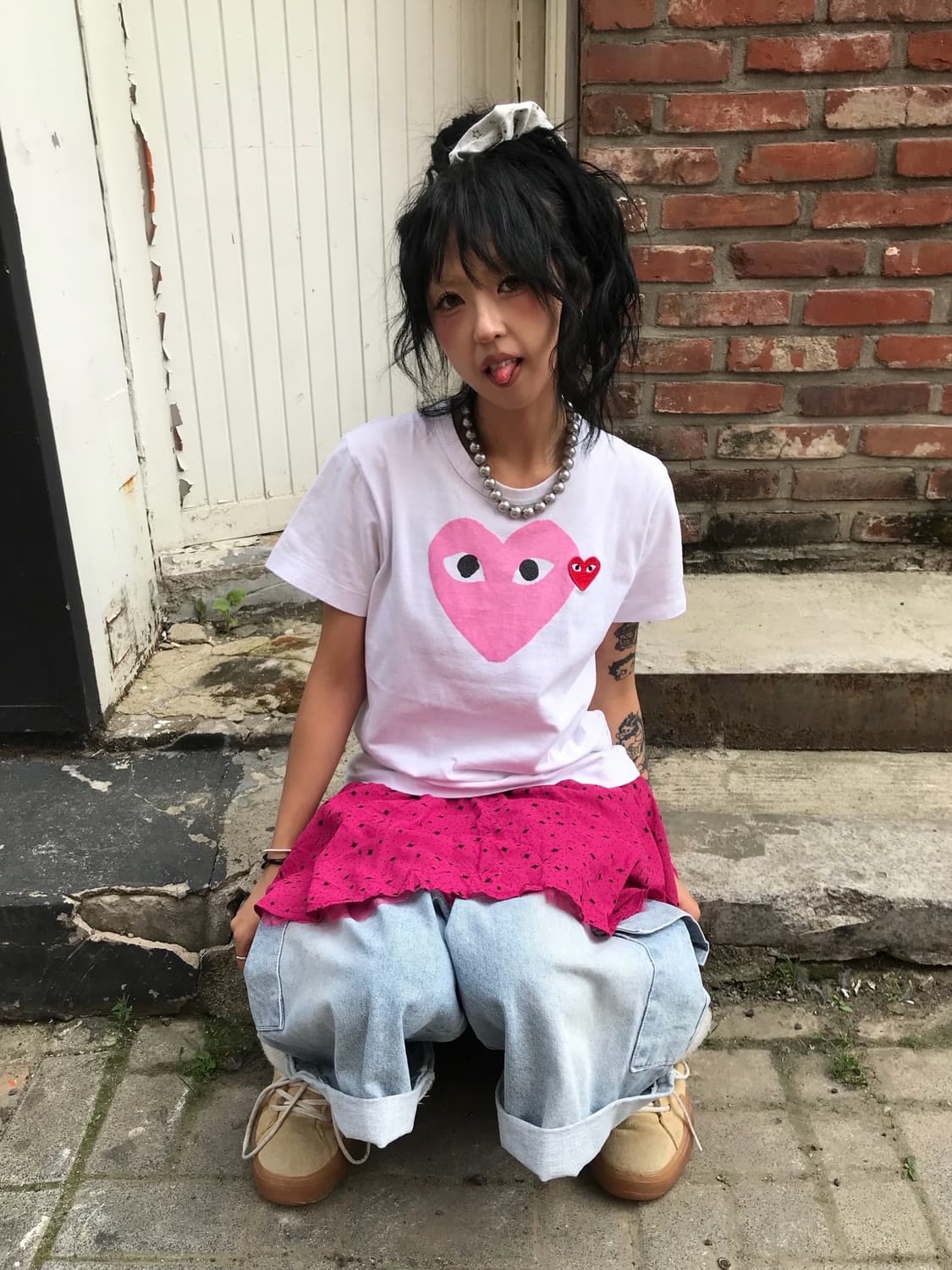 꼼데가르송 더블하트 핑크&레드 반팔 티셔츠 상품이미지5