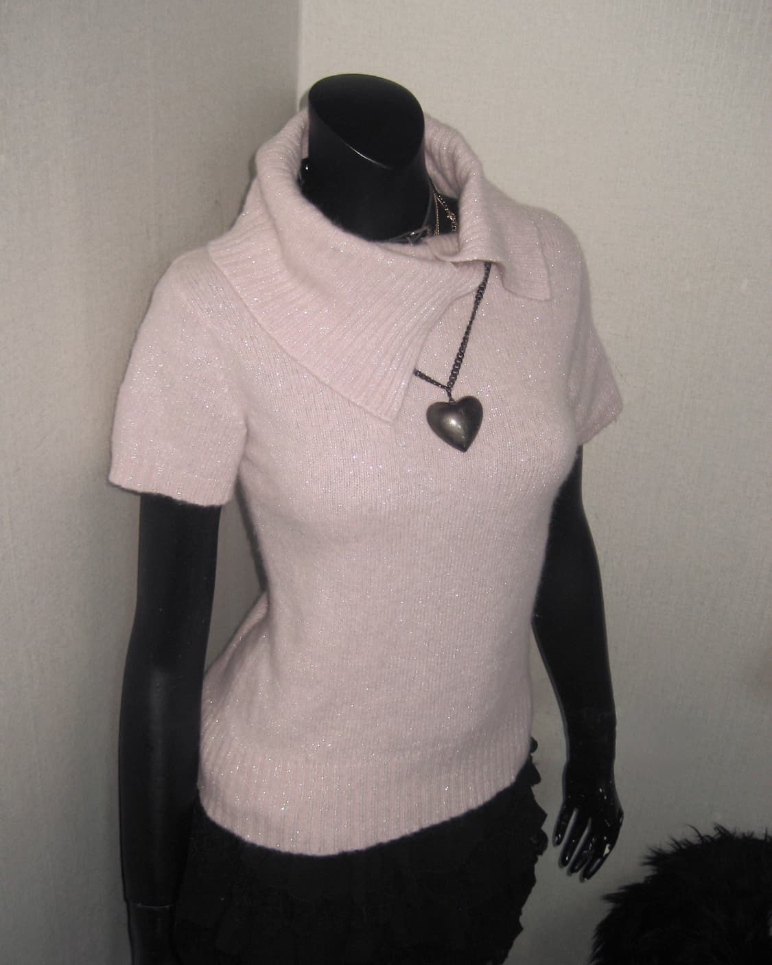 핑크 글리터 반팔 티셔츠 하이넥 니트 탑 히메갸루 상품이미지1