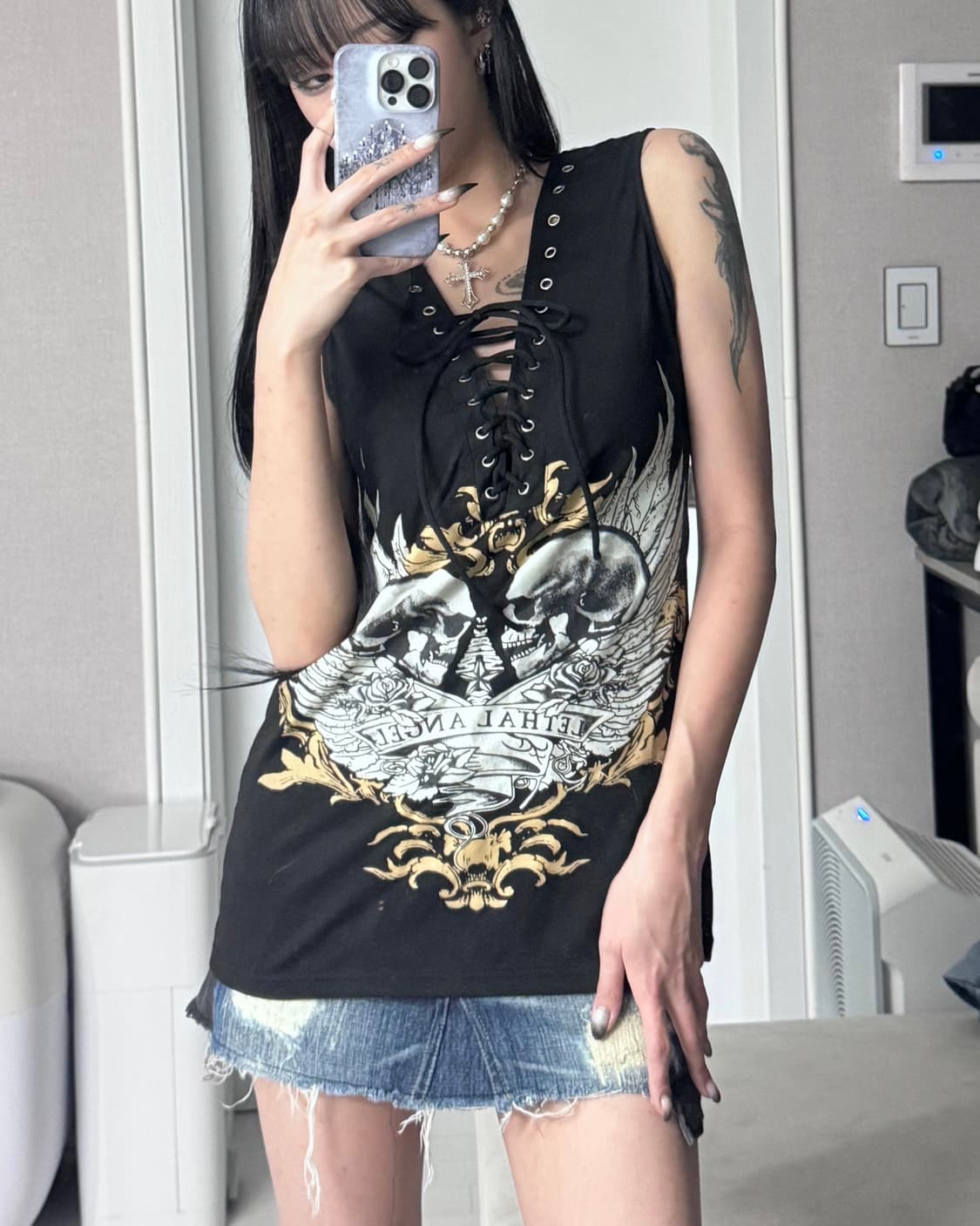 ༒ Skull print eyelet sleeveless 상품이미지5
