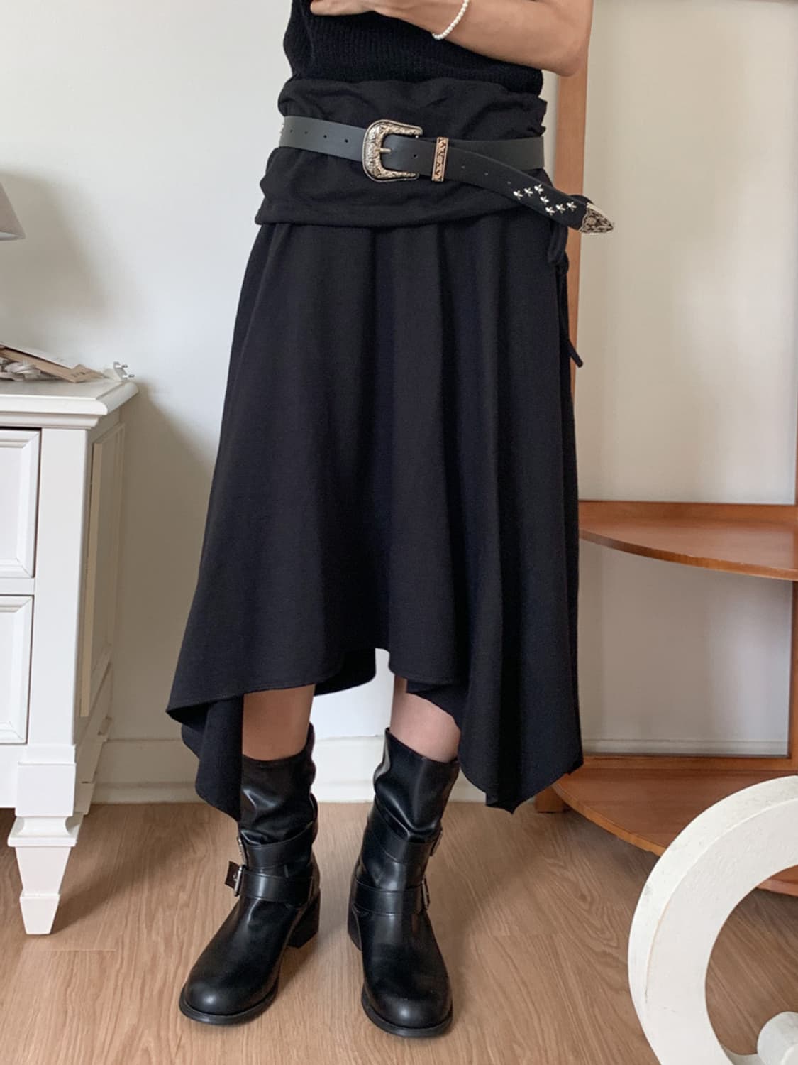 겔리 언발 스트링 플레어 스커트 (블랙, 그레이) 상품이미지4