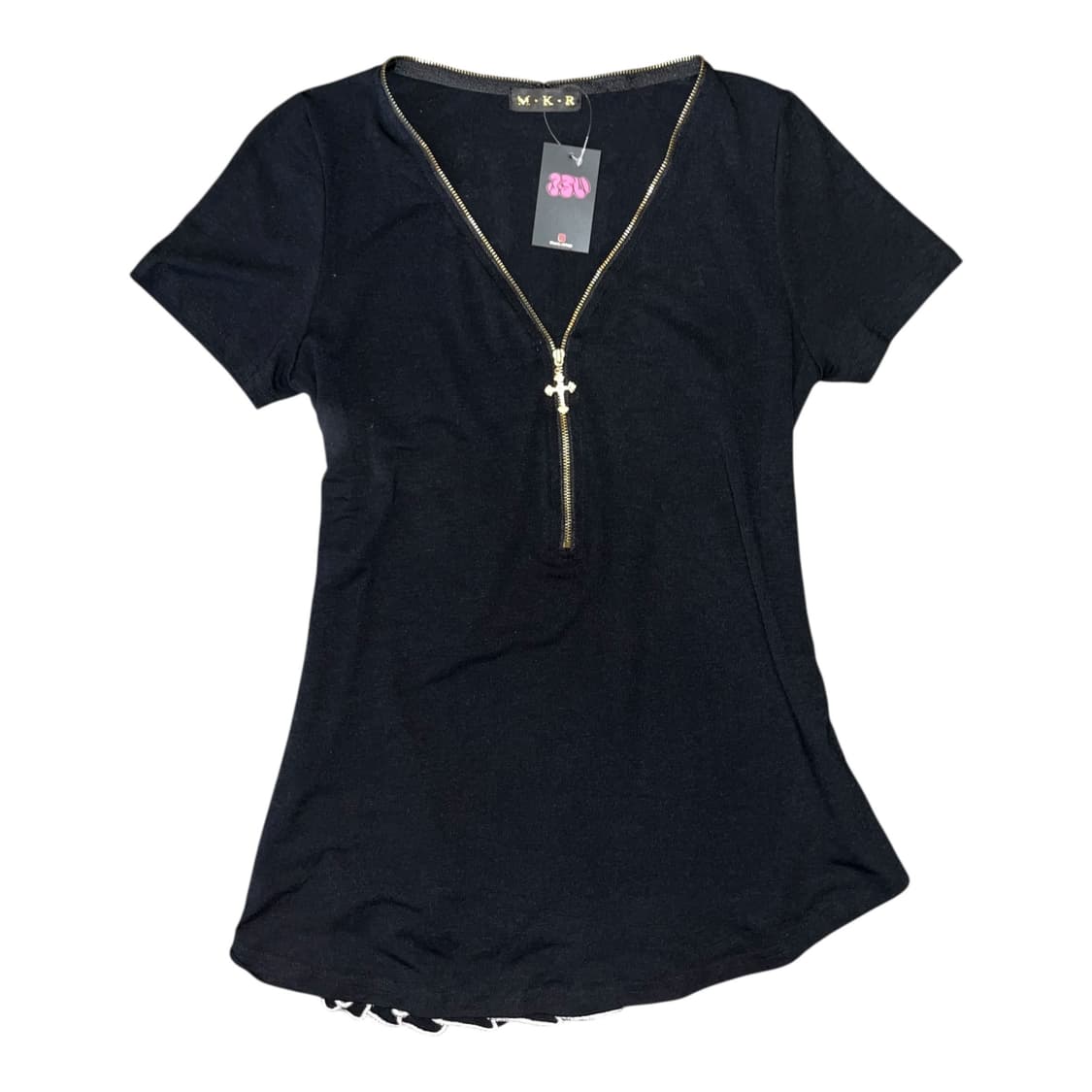 M.K.R 엠케이알 밑단자수 십자참 지퍼 반팔티 펑크y2k갸루 상품이미지4