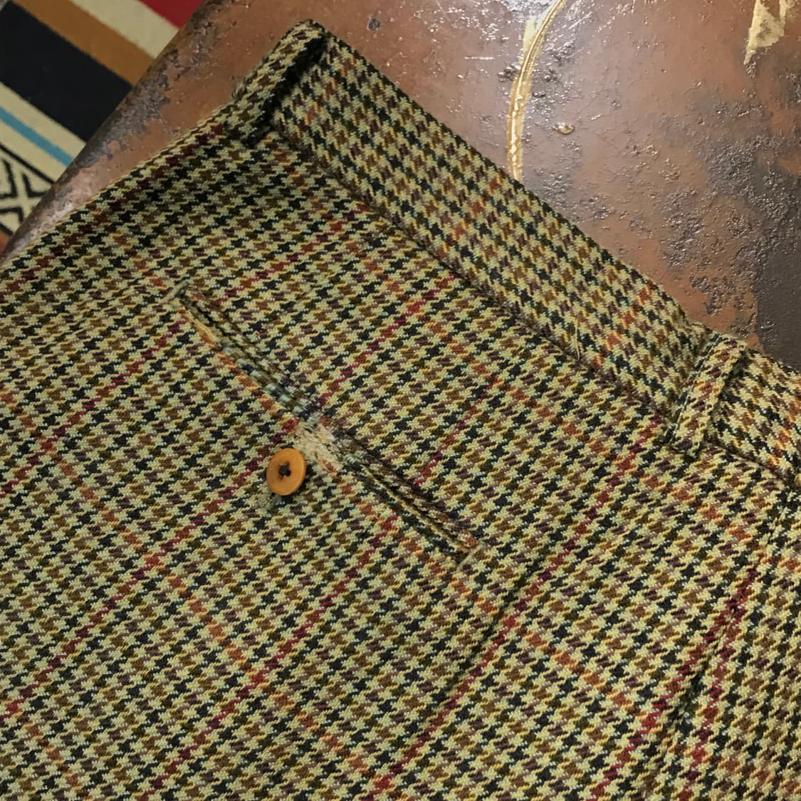 VTG 그린 카키 하운드투스 체크 핀턱 울 트라우저 허리 34 35  상품이미지5