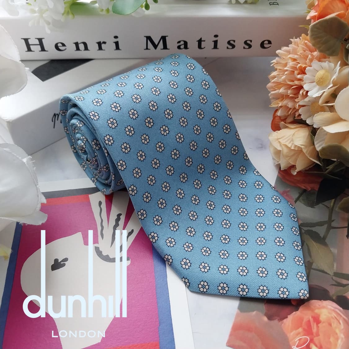 던힐 실크 스카이블루 플라워 넥타이 8.2cm A+등급 K2521 상품이미지2